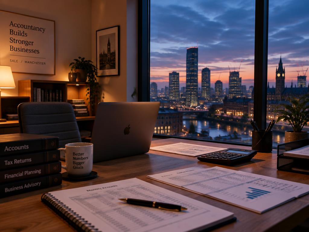 The AccountancyPlace office in Sale, with a desk overlooking the Manchester skyline at dusk